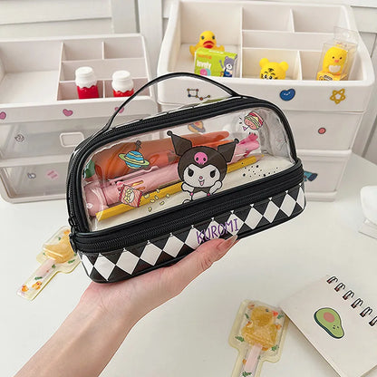 Estuche para lápices de doble capa transparente de gran capacidad con dibujos animados de Hellokitty Kuromi de Kawaii, estuche para lápices con dibujos animados de Cinnamoroll