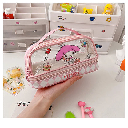 Estuche para lápices de doble capa transparente de gran capacidad con dibujos animados de Hellokitty Kuromi de Kawaii, estuche para lápices con dibujos animados de Cinnamoroll