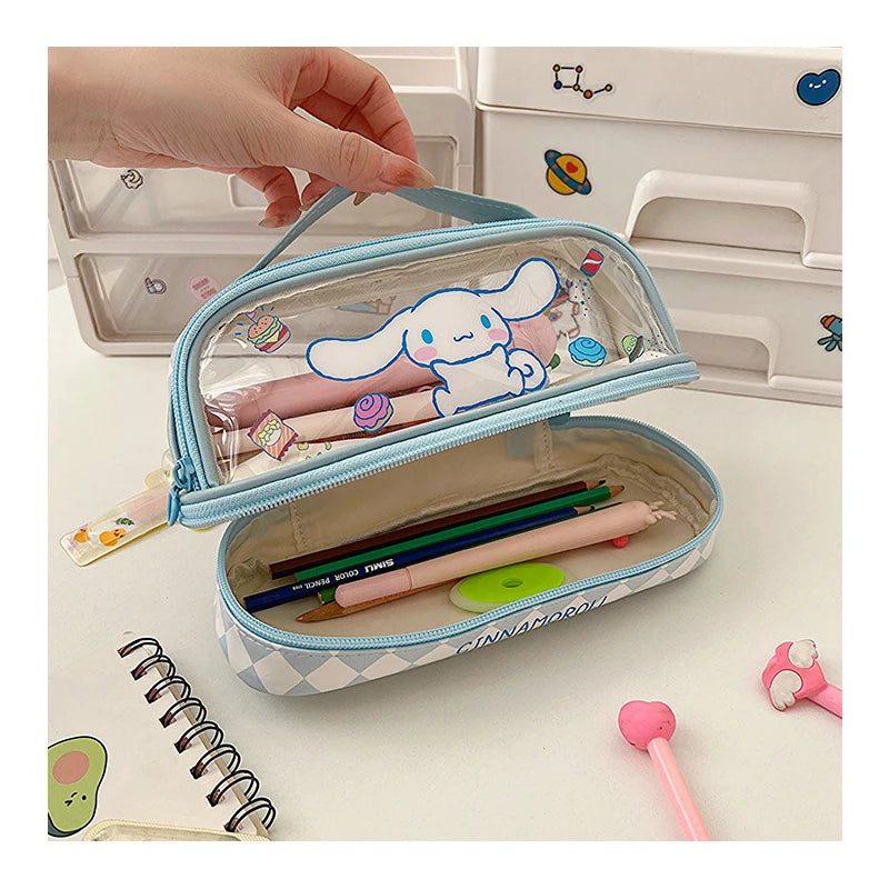 Estuche para lápices de doble capa transparente de gran capacidad con dibujos animados de Hellokitty Kuromi de Kawaii, estuche para lápices con dibujos animados de Cinnamoroll